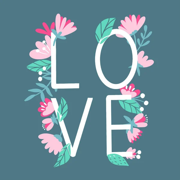 Inscripción Letras Love Blanco Con Flores Tarjeta Amor — Vector de stock