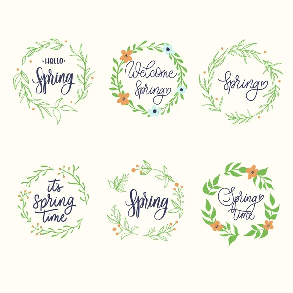 Handgetekende Lente Badge Collectie Met Belettering — Stockvector