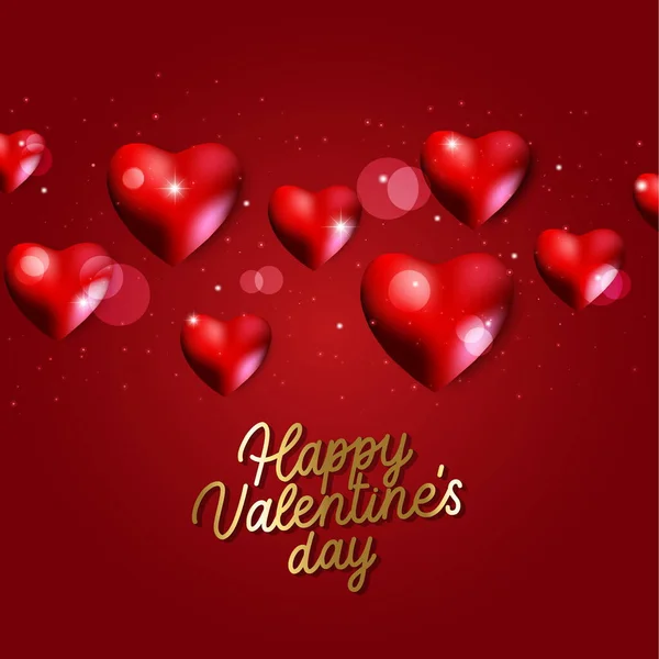 幸せなバレンタインデーの背景と赤いハートと書道のテキスト 赤の背景にホリデーカードイラスト — ストックベクタ