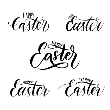 El, Mutlu Paskalya tipografisi posteri çizmiş. Modern hat sanatı. Beyaz arka planda siyah işaret var. Vektör illüstrasyonu.