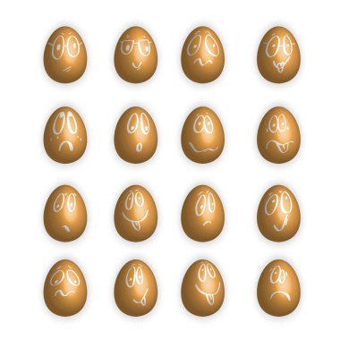 Beyaz arka planda bej renkli komik paskalya yumurtası koleksiyonu. Yumurtalardaki yüzler. Duygusal yumurta koleksiyonu: sakin, neşeli, neşesiz, depresif, kızartılmış, göz kırpması..