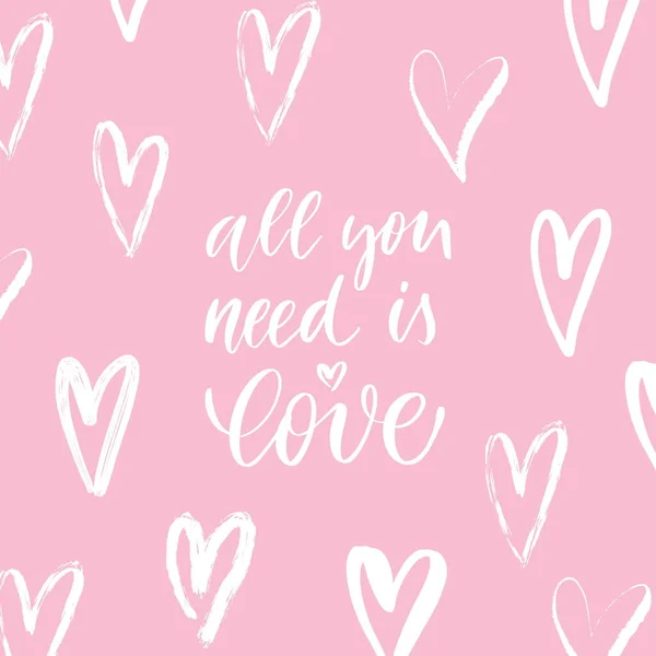 All You Need Love Pink Hand Lettering Card Hearts Vector — Stock Vector