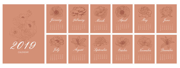 Monthly creative calendar 2019 with flowers.Planner with calligraphy of months of the year. Set of 12 Months. Week Starts Sunday.