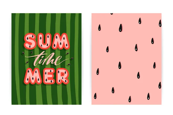 Set Mit Sommer Hintergrund Muster Von Geschälten Wassermelonen Und Samen — Stockvektor