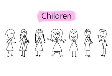 Mutlu çocuk çizgi film koleksiyonu. Farklı pozisyonlardaki çocuklar beyaz arka planda izole edilmiş.