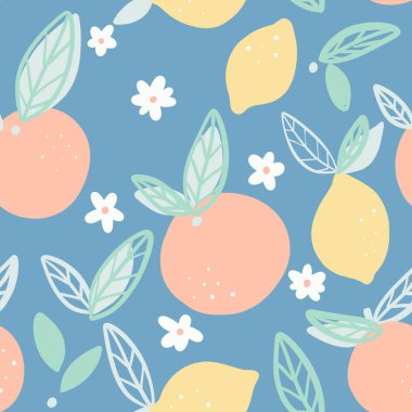 Portakallar ve limonlar yaprak vektörlü kusursuz desen.