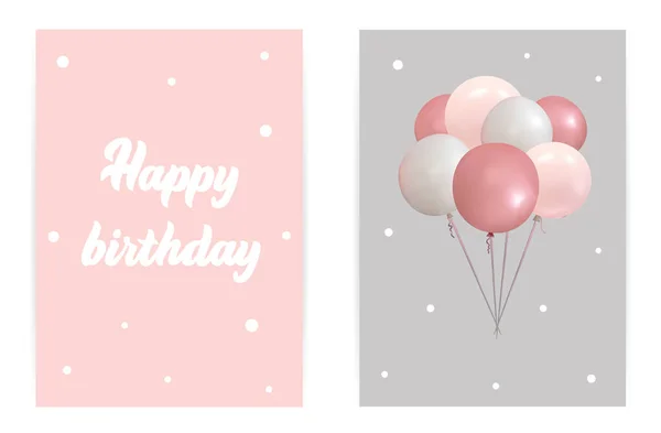 Happy Birthday Gently Pink Gray Poster Baloons Lettering Composition — Stock Vector