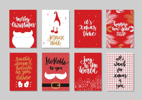 Vector Merry Christmas Happy New Year Greeting Card Set Calligraphy — Stock Vector