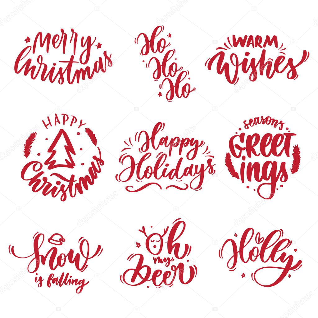 Vector Merry Christmas  greeting card set with calligraphy. Hand drawn  modern lettering.