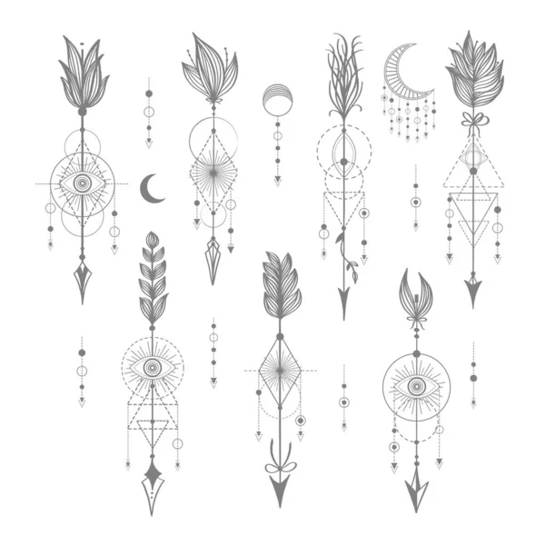 Vector Set Sacred Geometric Symbols Moon Eye Arrows Dreamcatcher White — Stock Vector