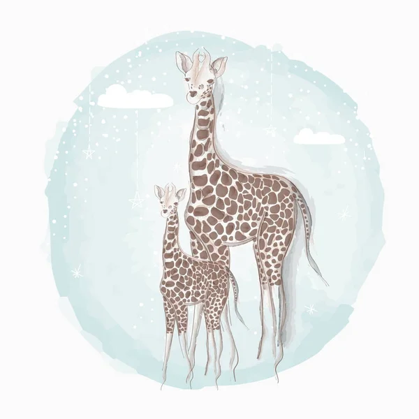 Roztomilé Akvarel Zvíře Žirafa Maminka Dítětem — Stockový vektor