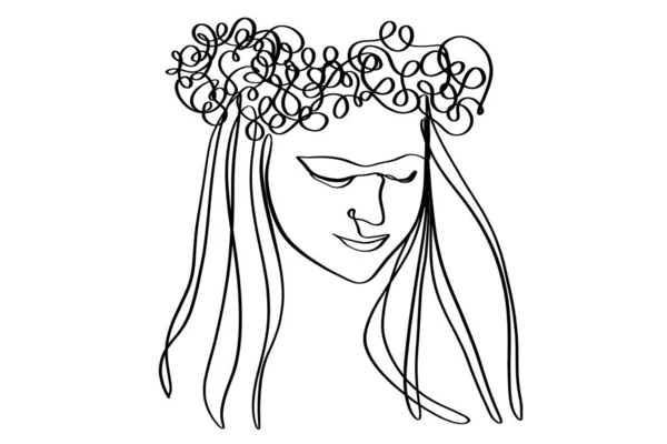 Πορτρέτο μιας όμορφης γυναίκας με μακριά μαλλιά και λουλούδια. Σχέδιο συνεχούς γραμμής. — Διανυσματικό Αρχείο