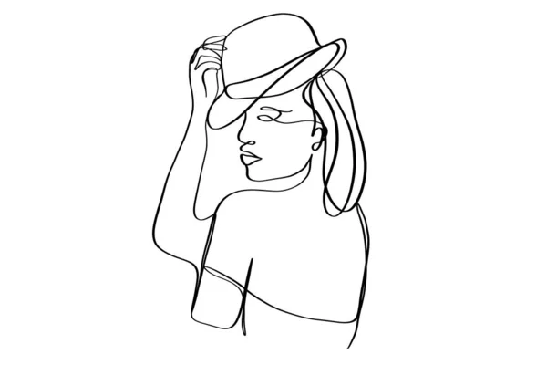 Πορτρέτο μιας όμορφης γυναίκας με καπέλο. Σχέδιο συνεχούς γραμμής. — Διανυσματικό Αρχείο