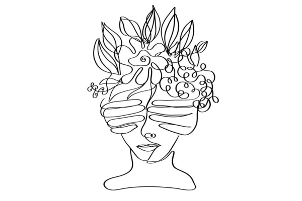 Portret van een mooie vrouw met bloemen in haar haar. Continue lijntekening. — Stockvector