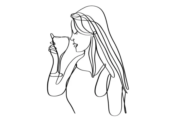 Retrato de uma mulher bonita com um copo de vinho na mão. Desenho de linha contínua . — Vetor de Stock