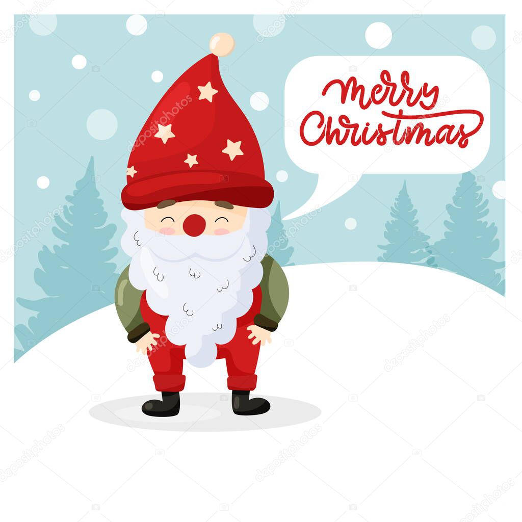 Cartoon Christmas illustrations. Funny happy Santa Claus characte against the background of snowdrifts and Christmas treesr. For Christmas cards, banners, tags and labels.