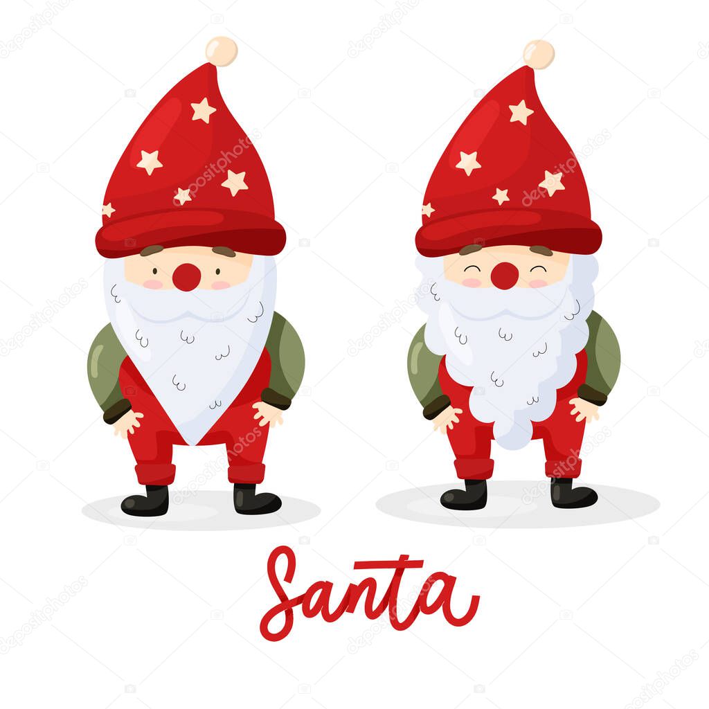 Set of Cartoon Christmas illustrations isolated on white. Funny happy Santa Claus character. For Christmas cards, banners, tags and labels.