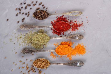 Zerdeçal tozu, paprika, kişniş ve gri arka planda metal çay kaşıklarıyla siyah biber.