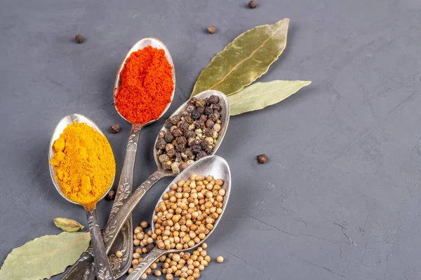Turmeric powder, paprika, coriander and black peppercorns in metal teaspoons on a gray background