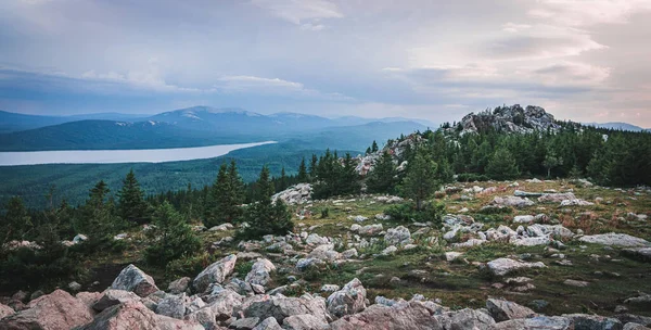 針葉樹林と湖で谷のZyuratkul国立公園の山からの眺め ロイヤリティフリーのストック写真
