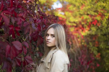 Güzel kadın sonbaharın tadını çıkarıyor
