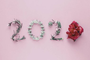 Pembe arka plandaki doğal yapraklar ve çiçeklerden yapılan 2020 yılı.