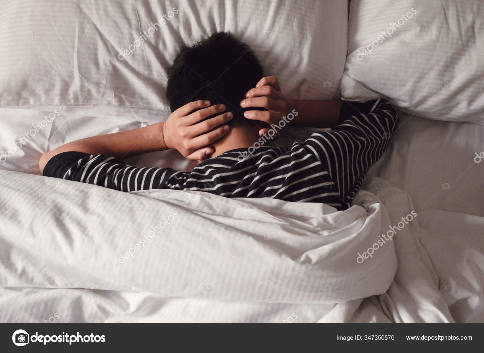 Preteen Tween Boy Covering Ears His Hands Bed Adhd Autism Stock Photo