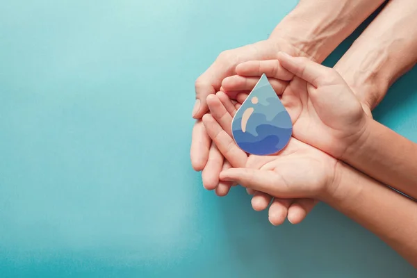 Adult Child Hands Holding Paper Cut Water Drop World Water — Stock Photo, Image