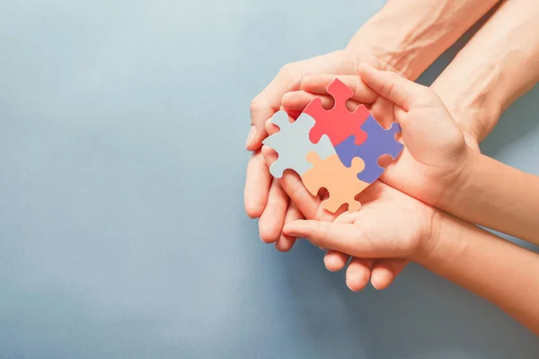 Adult Chiild Hands Holding Jigsaw Puzzle Shape Autism Awareness Autism — Stock Photo, Image