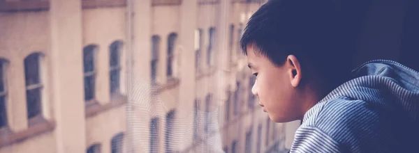 Sad Asian Preteen Boy Feeling Lonely Looking Out Window His — Stock Photo, Image