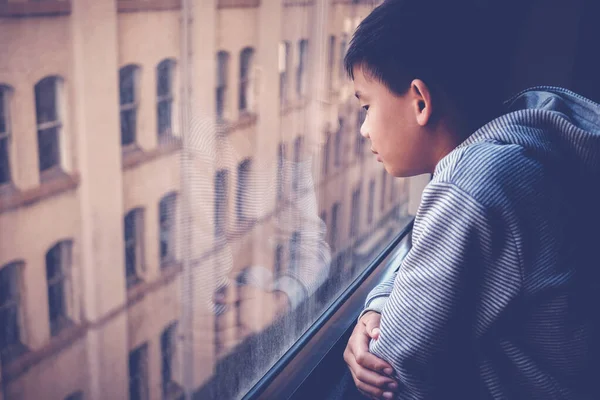 Sad Asian Preteen Boy Feeling Lonely Looking Out Window His — Stock Photo, Image