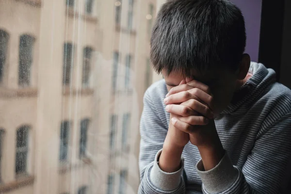 Mixed Asian Preteen Tween Boy Hands Closed Praying Child Religion — Stock Photo, Image