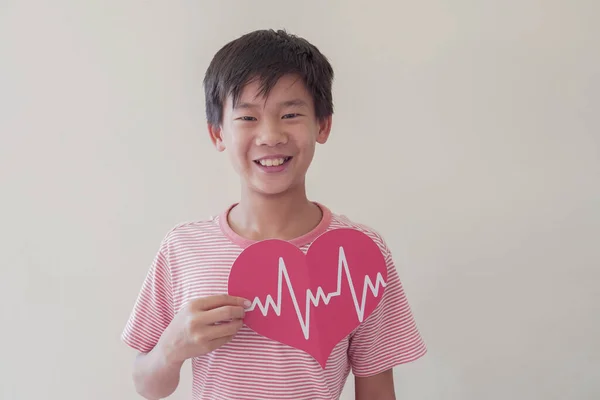 Asian preteen boy holding big red heart with cardiogram,  children health care, life insurance business concept, world heart day, world health day