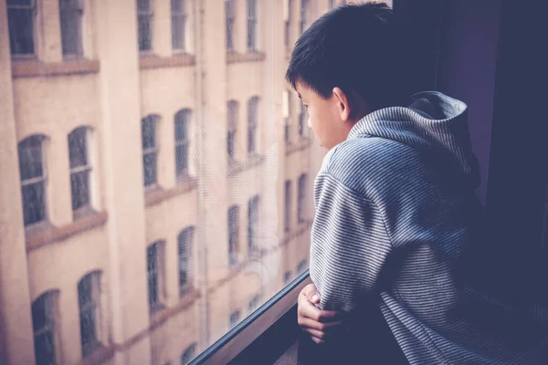 Sad Asian Preteen Boy Feeling Lonely Looking Out Window His — Stock Photo, Image