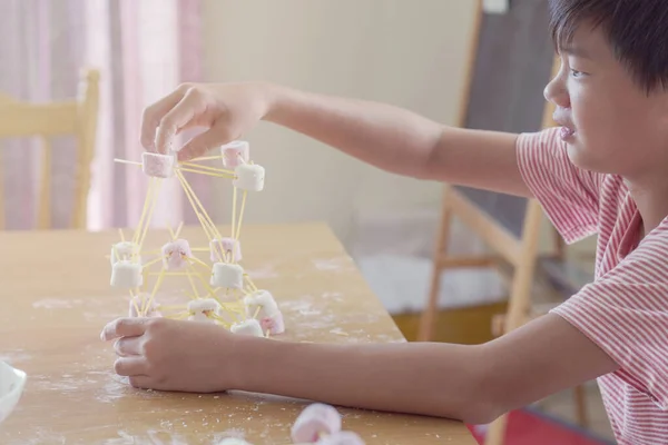 Mixed Race Asian Preteen Boy Building Tower Spaghetti Marshmallow Learning — Stock Photo, Image