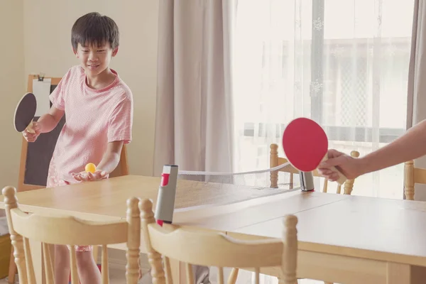 Healthy Mixed Asian Preteen Boy Playing Table Tennis Dining Table — Stock Photo, Image