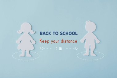 Boy and girl student paper cut with word back to school, keep your distance 1.5m,  returning or reopening post covid-19 coronavirus pandemic, new normal concept clipart