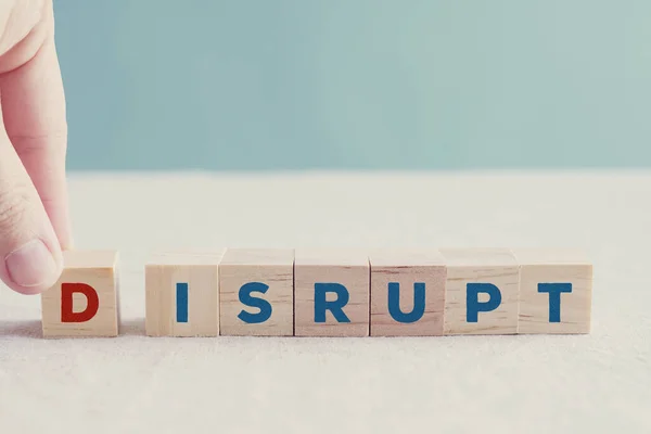 Hand Holding Wooden Blocks Word Disrupt Disruptive Innovation Way Business — Stock Photo, Image