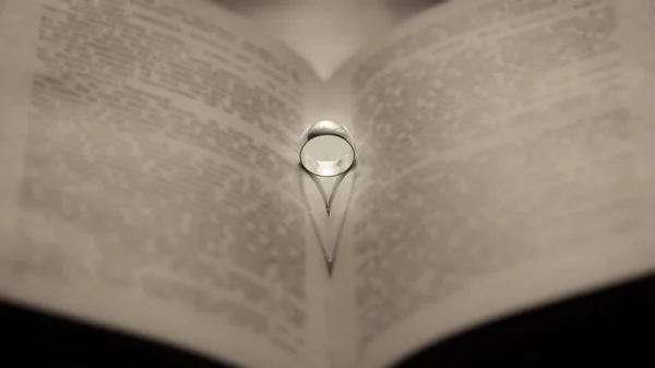 Snubní prsteny na zadním obalu knihy láska nevěsty a ženicha — Stock fotografie