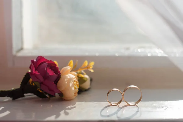 Boda, anillos, engant, gement, moda, flor, oro, flor, romántico — Foto de Stock