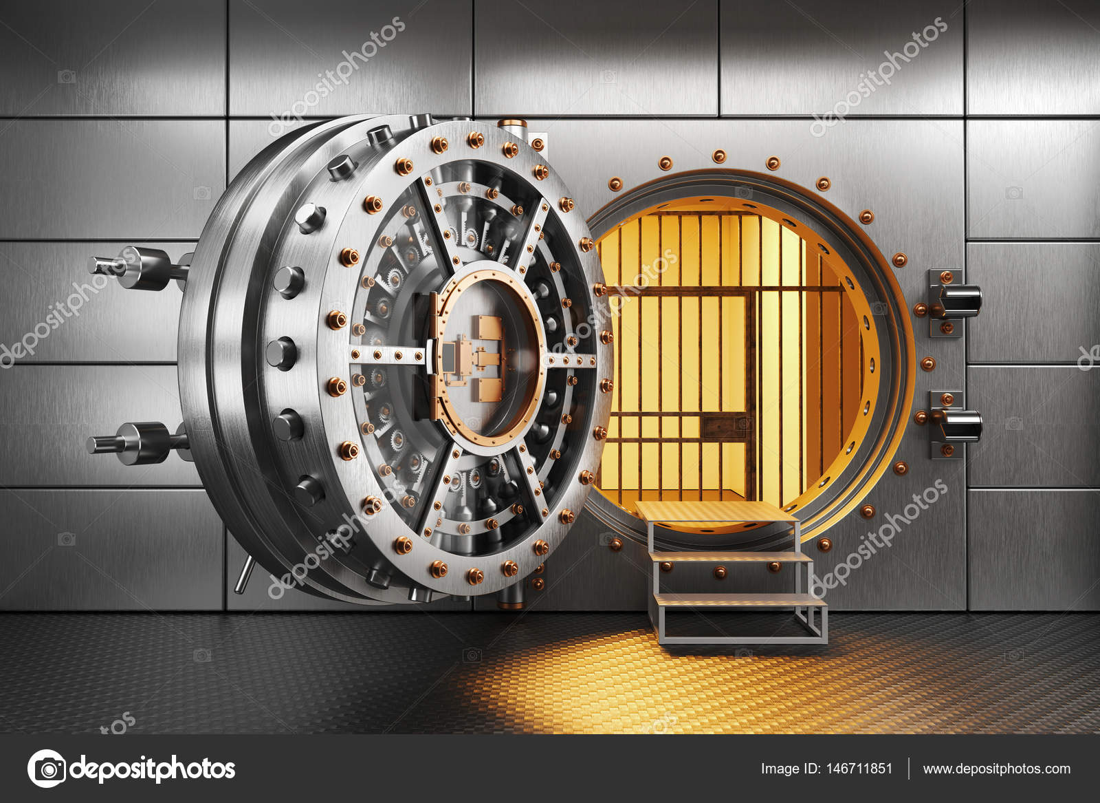 Vault bank door in storage room — Stock Photo © aleksanderdnp 146711851