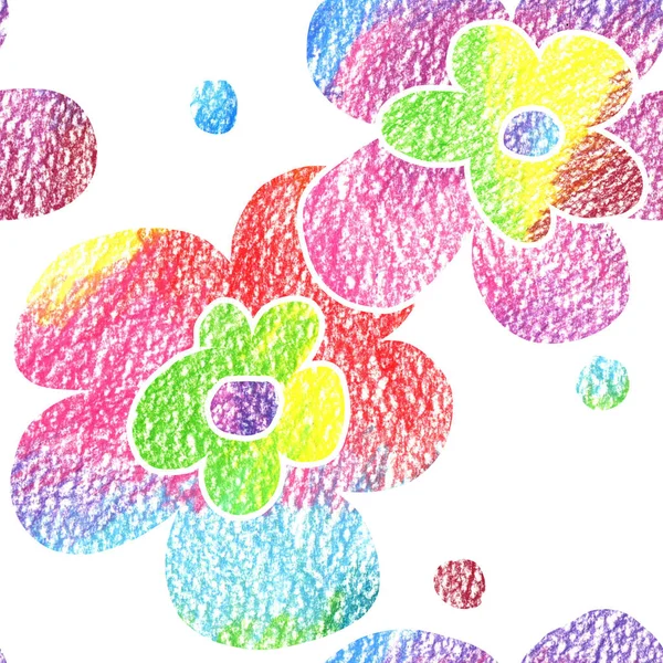 Trendy Seamless pattern with color pencil drawn flowers, with decorative elements. Floral stylish modern wallpaper for childrens room, clothers, wrapping, decor, decoupage.
