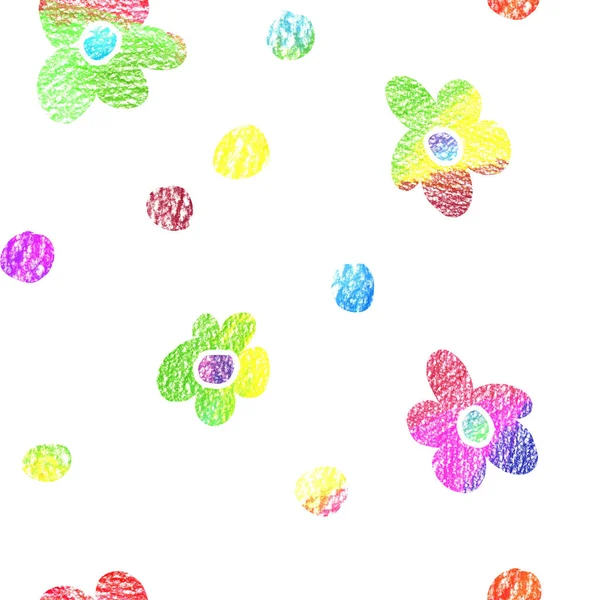 Trendy Seamless pattern with color pencil drawn flowers, with decorative elements. Floral stylish modern wallpaper for childrens room, clothers, wrapping, decor, decoupage.