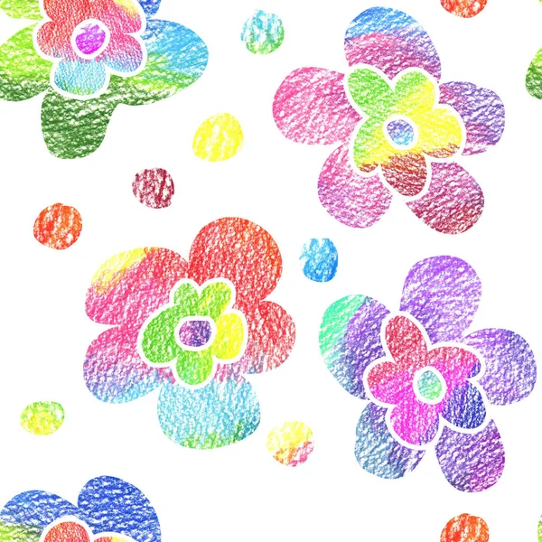 Trendy Seamless pattern with color pencil drawn flowers, with decorative elements. Floral stylish modern wallpaper for childrens room, clothers, wrapping, decor, decoupage. — ストック写真