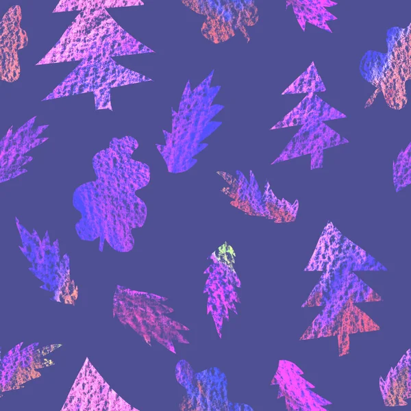 Graficzny bezszwowy wzór w naiwnym stylu ołówkowym z liśćmi lasu i zielonymi świerkami na fioletowym tle. Dekoracyjny papier teksturowana ilustracja botaniczna na Boże Narodzenie, urodziny, pokój dla dzieci — Zdjęcie stockowe