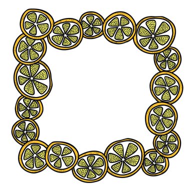 Dilimlerin kare çerçevesi turuncu, beyaz arka planda. Harf, fotoğraf ve illüstrasyon için renkli vektör dekoru.