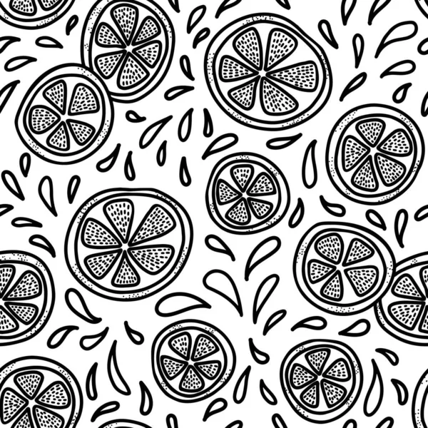 Lime, citron och apelsinskivor med massor av stänk vektor sömlöst mönster. Handritad bakgrund. Vit rygg. — Stock vektor