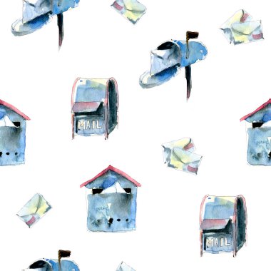 Beyaz arkaplanda çeşitli posta kutuları ve zarflarla kusursuz suluboya deseni