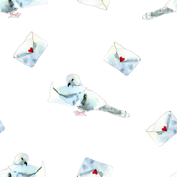 Seamless watercolor pattern with pigeons and envelopes on white background — Stock Photo, Image