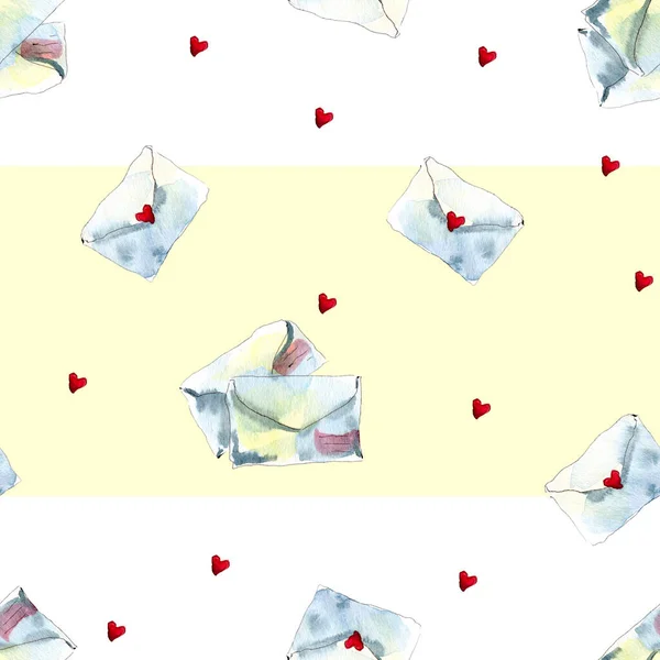 Απρόσκοπτη υδατογραφία μοτίβο με διαφορετικούς φακέλους και μικρές καρδιές σε λευκό και κίτρινο ριγέ φόντο — Φωτογραφία Αρχείου